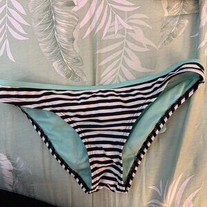 Damsel bikini bottom - black and white stripe with light blue bow accent on back